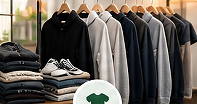 Clean folded clothing and shoes on a rack