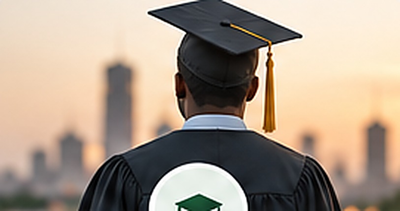 A graduate in cap and gown facing a city skyline