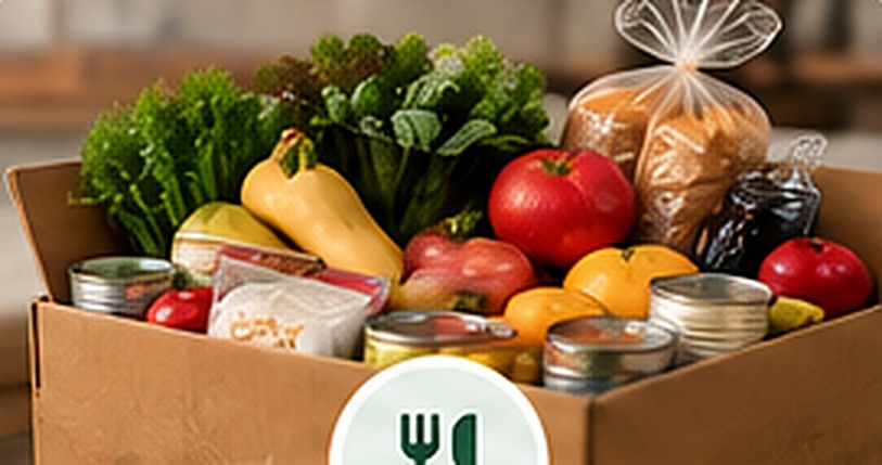 A box of fresh groceries and pantry staples