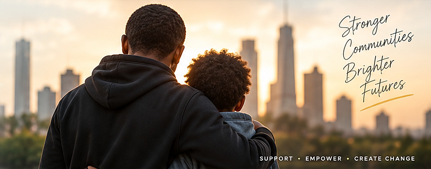 A father and son looking out at a city skyline at sunset