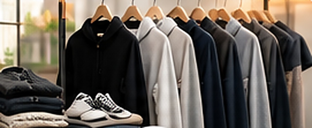 Clean folded clothing and shoes on a rack
