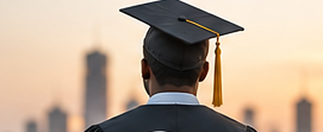 A graduate in cap and gown facing a city skyline