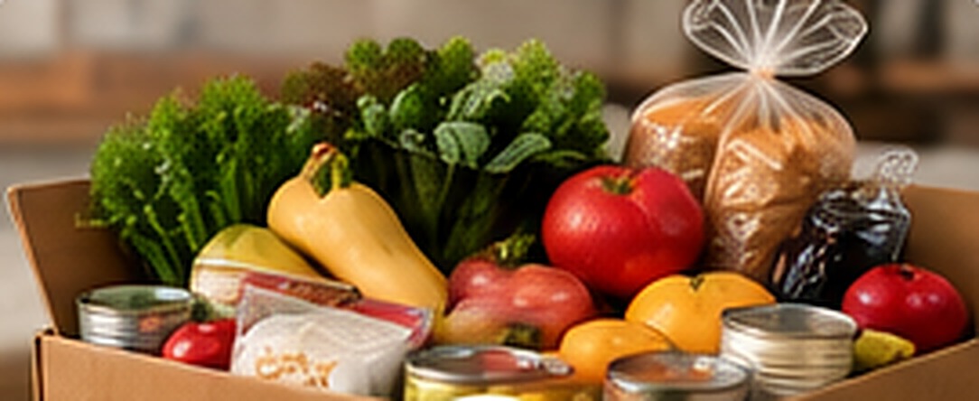A box of fresh groceries and pantry staples